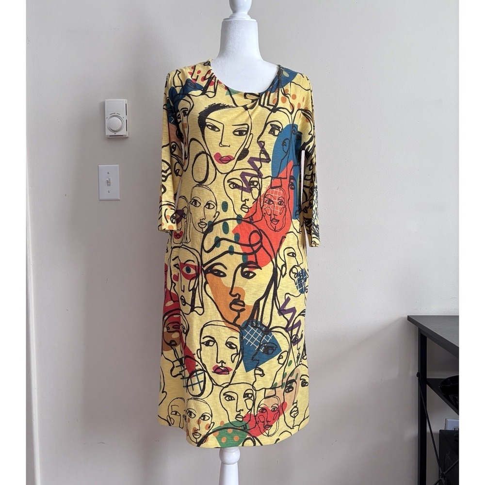Inoah Wearable Art Dress‎ Bright Colorful Yellow Womens Small Stretchy Abstract